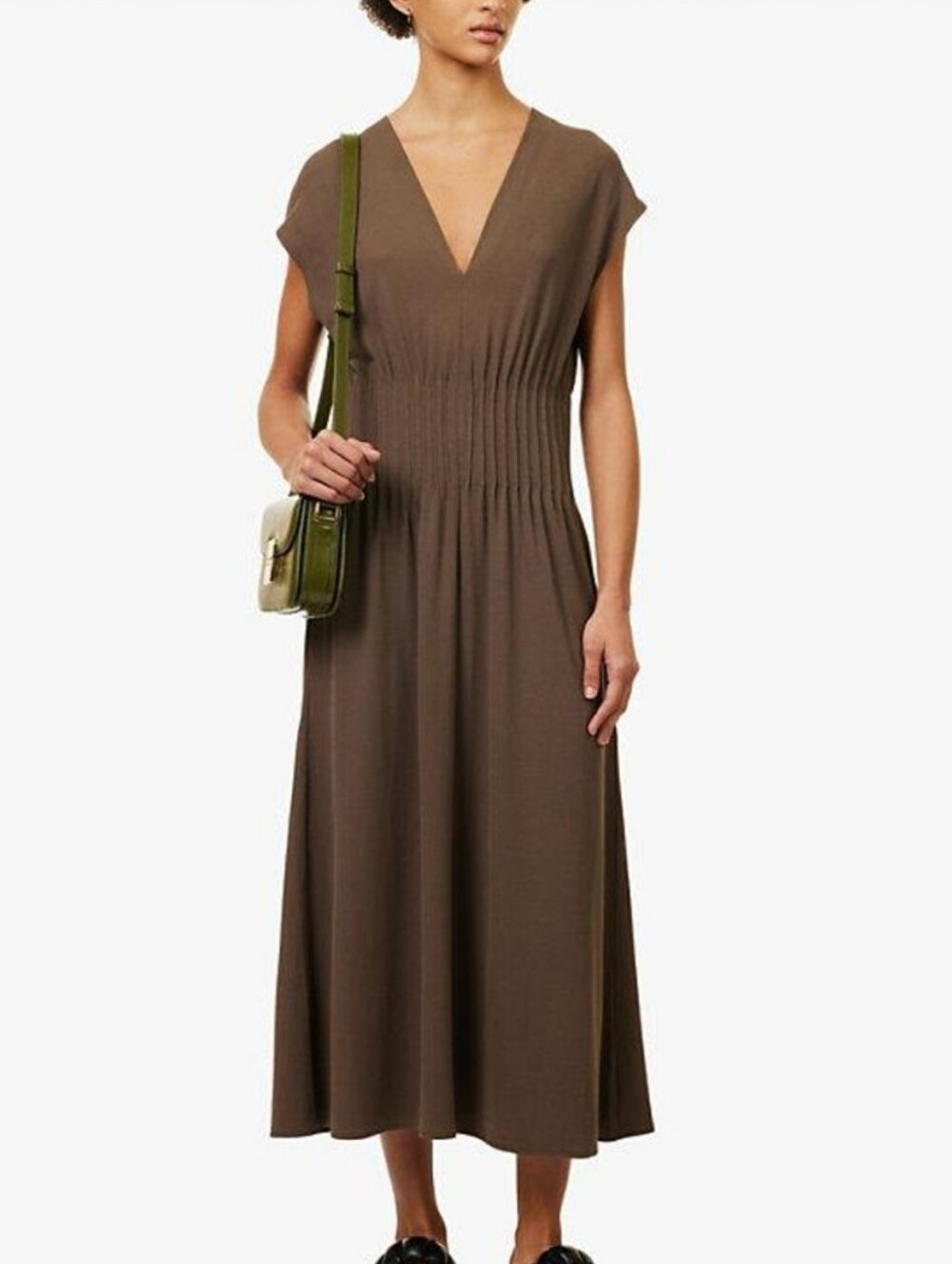 Vince 100% Cotton V Neck Pintucked Midi Dress $325 Quiet Luxury Minimalist XS